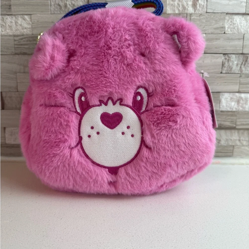 NEW Care Bear‎ Pink Plush Crossbody Bag With Rainbow Strap